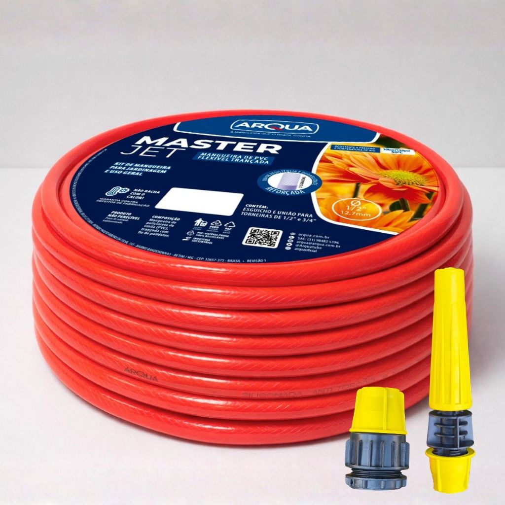 Mangueira Para Jardim ARQUA de 1/2 Reforçada Anti-Torção Kit Esguicho e Conector Master Jet Trançada 20m em Oferta na Shopee