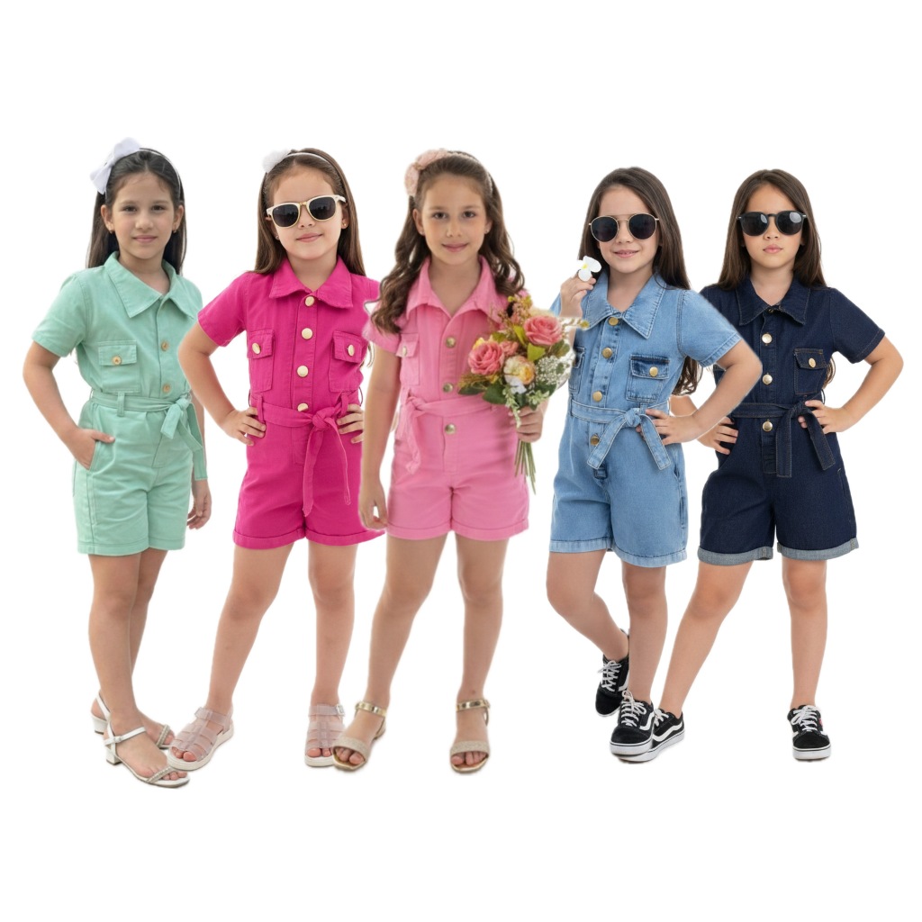 Macacão Curto Verão Macaquinho Feminino Infantil Juvenil Bege Preto Rosa Jeans Claro Escuro Verde