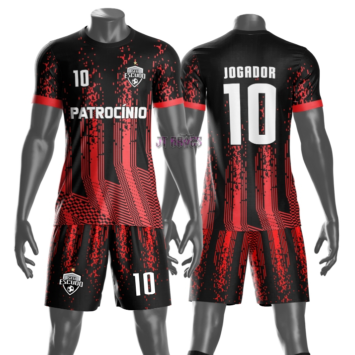 Uniforme jogador futebol amador esportivo camiseta e calção personalizavél nome número escudo mo 102