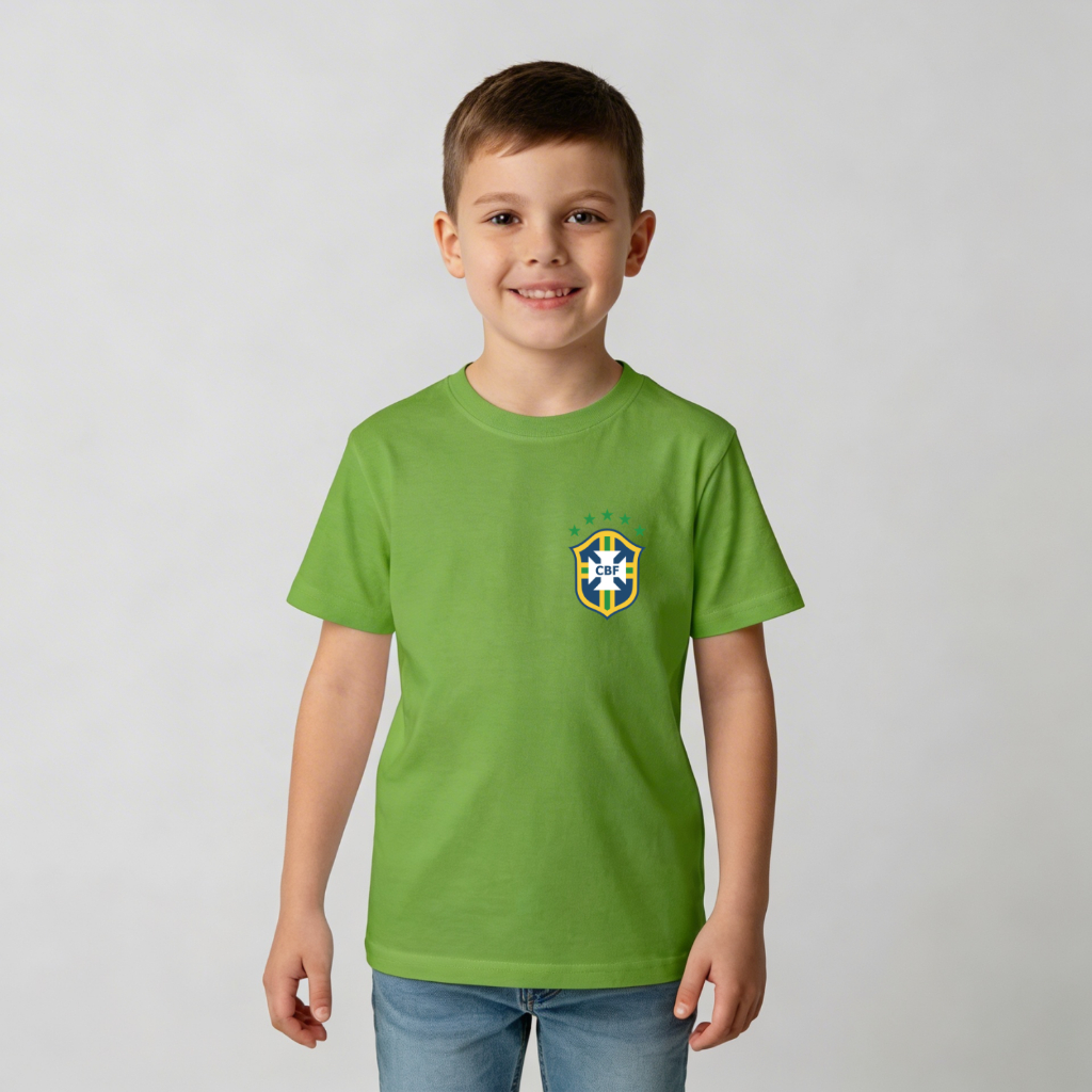 Camiseta Camisa Copa Infantil Com Bandeira do Brasil 100% Algodão Tamanho 2 ao 14