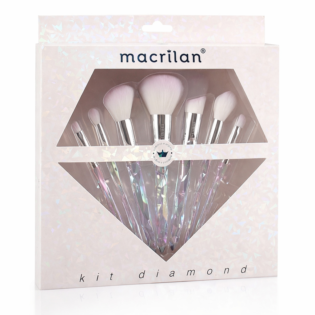 Kit 7 Pincéis de Maquiagem Profissional Macrilan Diamond Cerdas Macias Base Pó Blush Contorno Sombra