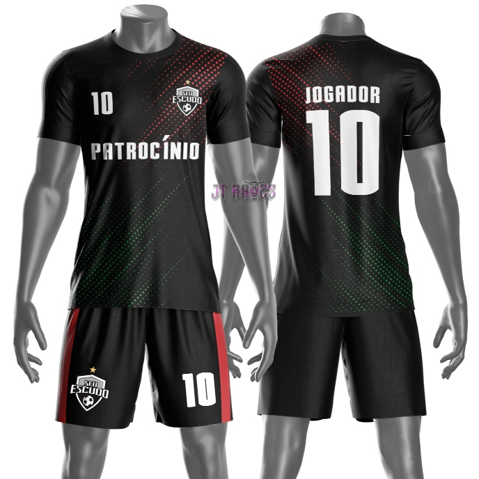 Uniforme jogador futebol amador esportivo camiseta e calção personalizavél nome número escudo mo 177