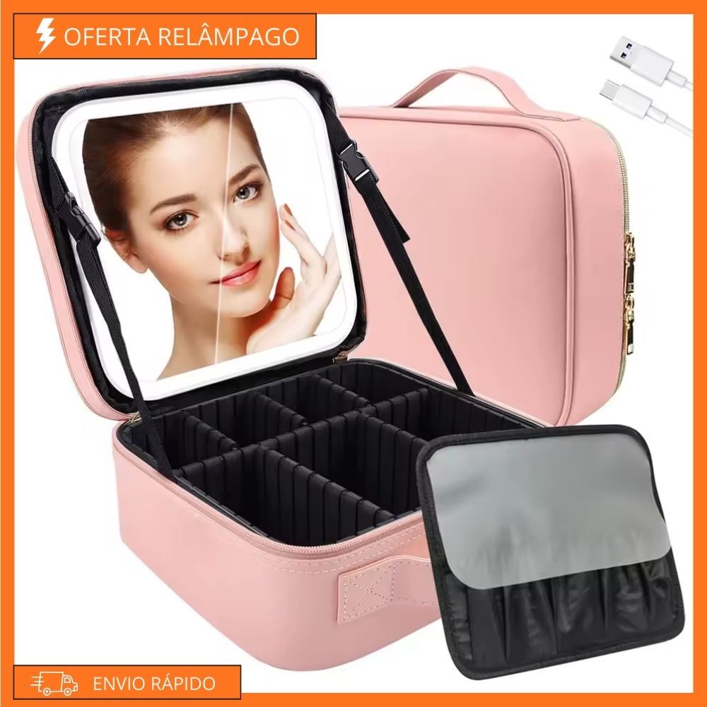 Maleta de Maquiagem com Espelho LED Organizador Profissional Necessaire Viagem em Oferta na Shopee