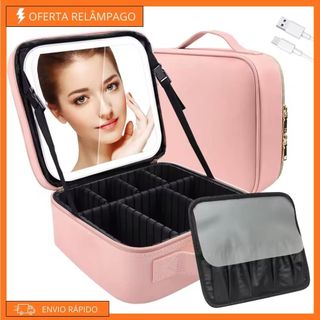 Maleta de Maquiagem com Espelho LED Organizador Profissional Necessaire Viagem