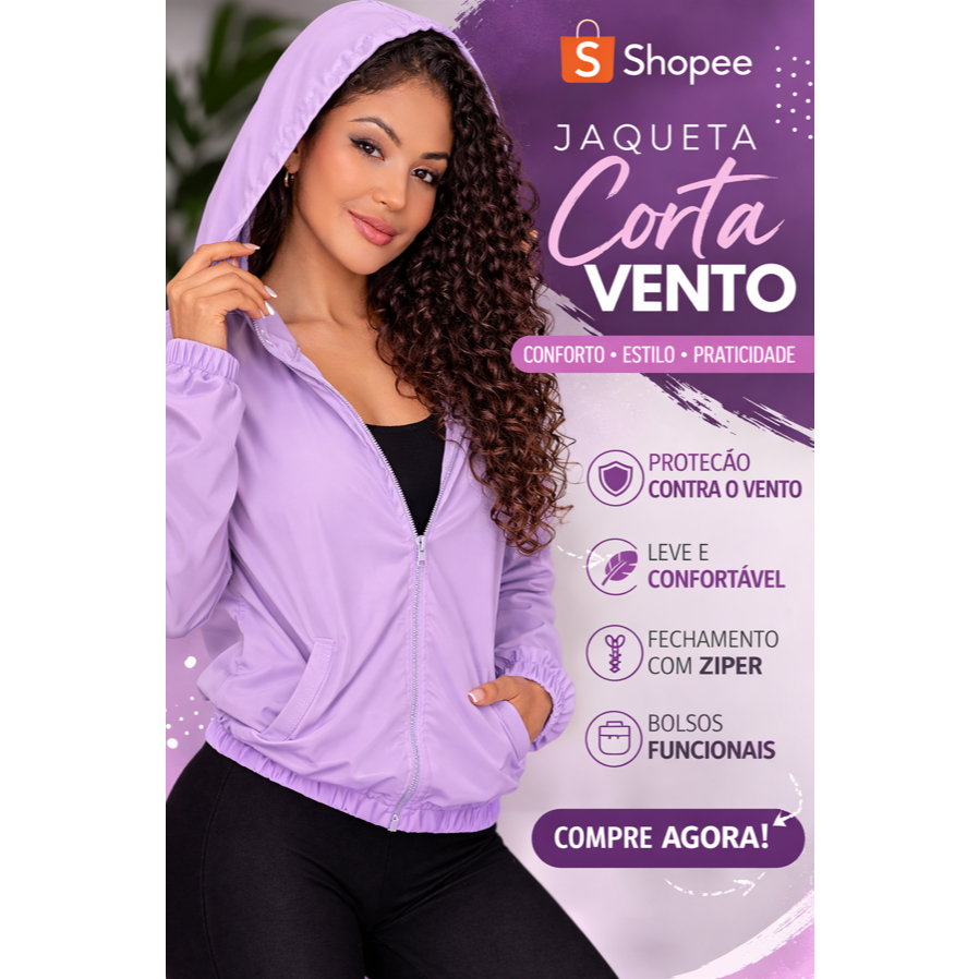 Jaqueta Feminina Leve Corta Vento com Capuz e Bolso