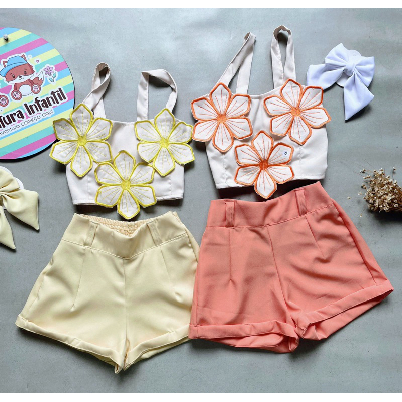 conjunto infantil,conjunto flor,short infantil alfaiataria,roupa infantil estilosa,moda blogueirinha,Croped infantil.