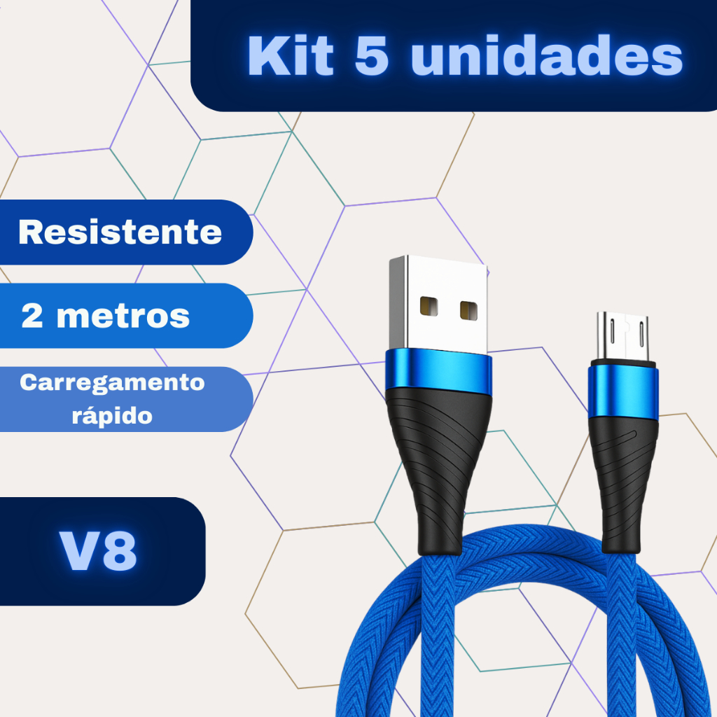 Kit 5 Cabos Carregador V8 2 Metros Android Reforçado Cores Variadas