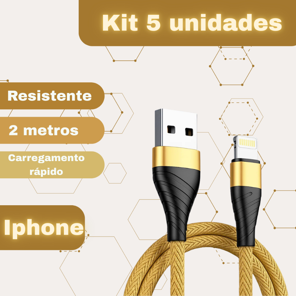 Kit 5 Cabos Carregador iPhone 2 Metros Cores Variadas