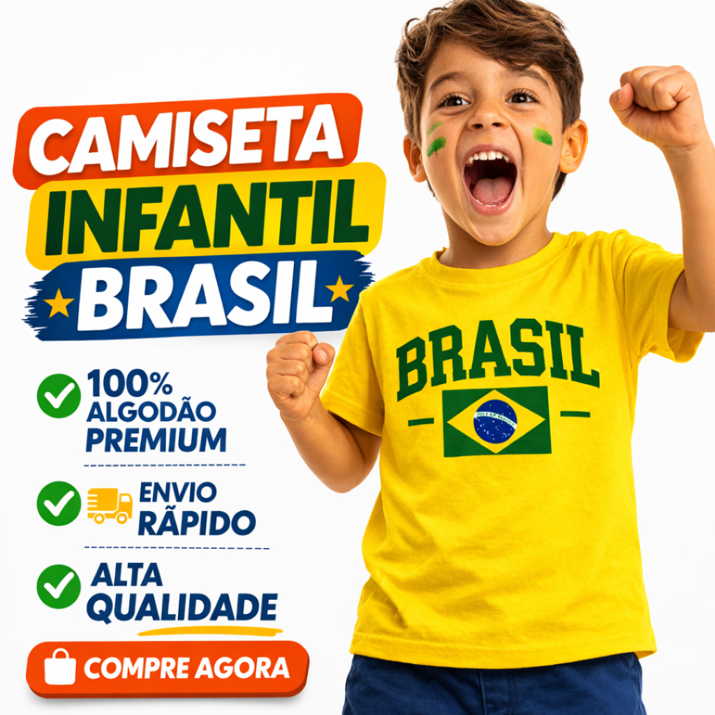 Camiseta Infantil Brasil Unissex 100% Algodão Premium, Estampa Brasil Futebol N° 02 ao GG