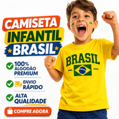 Camiseta Infantil Brasil Unissex 100% Algodão Premium, Estampa Brasil Futebol N° 02 ao GG