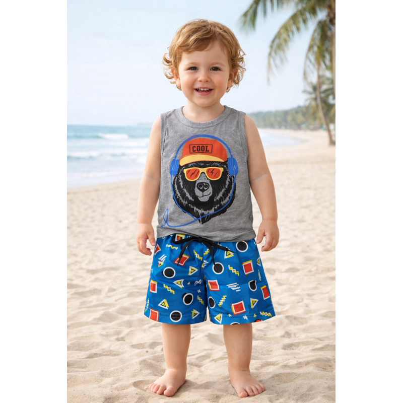 Conjunto Infantil Menino Regata + Short Tactel Estampado Verão Tamanho 2 Consulte Tabela
