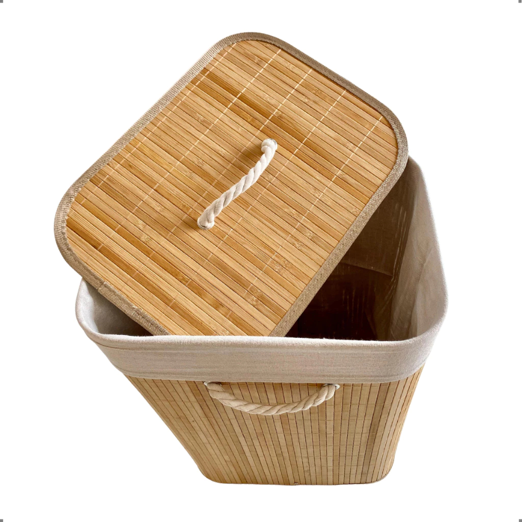 Cesto De Roupa Suja Forrado Retangular Bambu Dobravel Organizador Banheiro 72cm Cesto Grande 60cm