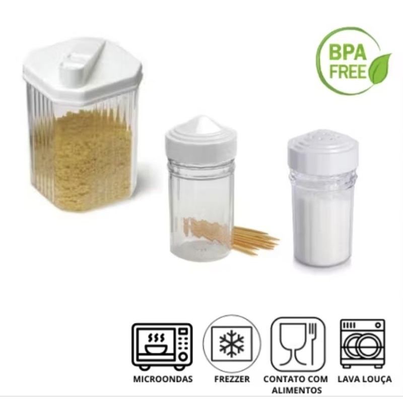 Kit Farinheira 480ml + Paliteiro E Saleiro Prático E Resistente Para Cozinha