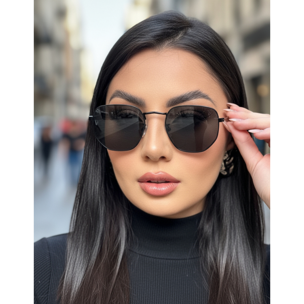 Óculos Glamour Feminino Lente Preta Uv400 Eyewear Luxo Coleção Nova Polarizado Hexagonal Double em Oferta na Shopee