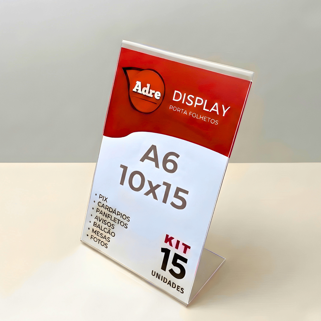 15 Suporte Display Acrilico vertical 10x15 A6 L Expositor  Mesa Cardapio Placa Pix Balcão Foto Flyer