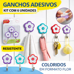 Gancho de Parede Adesivo Flores Talher 6 Unidades Ganchinho Pendurar