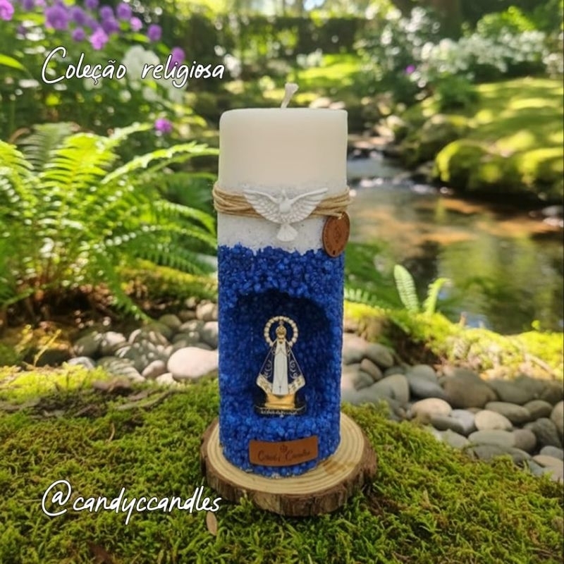 Vela gruta Nossa Senhora Aparecida | Crucifixo | Ostensório | Pedras resinadas | Cera coco | 100% artesanal