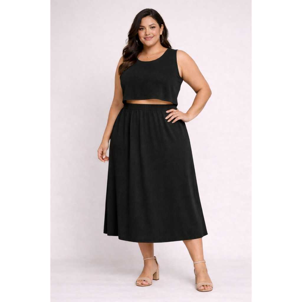 Conjunto Feminino Plus Size Cropped e Saia Midi em Oferta na Shopee