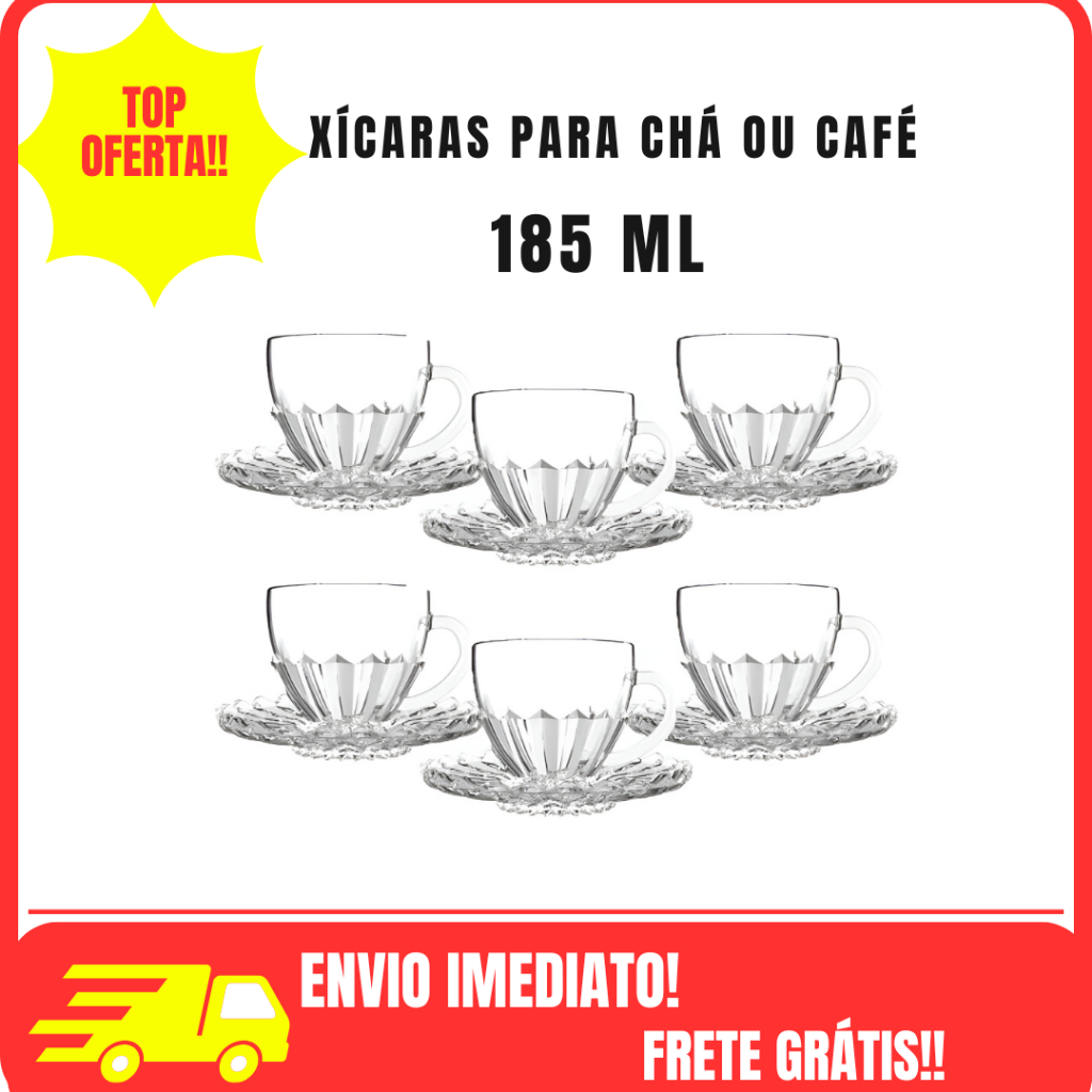 Presente Jogo de Xícara com Pires 6 ou 12 peças Cafe e Cha Brasiliano Transparente Vidro 185 ml  Decorada  Luxo Mesa Pos em Oferta na Shopee