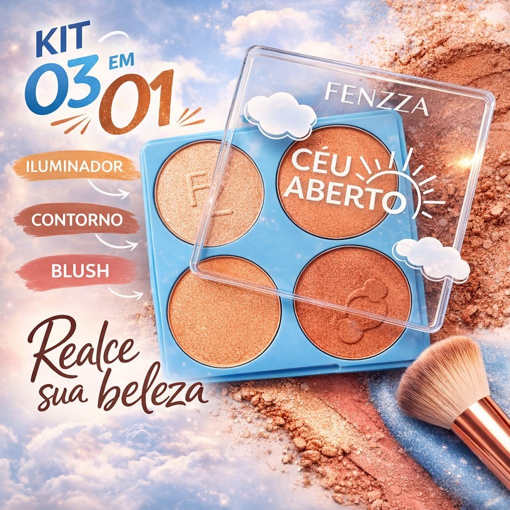 Paleta Facial Fenzza 3 em 1 Contorno Blush e Iluminador Efeito Natural Compacta Cabe na bolsa