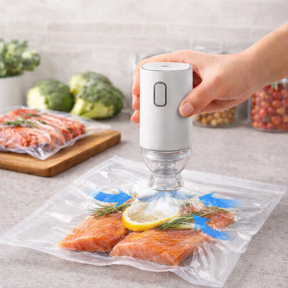 Bomba à Vácuo Elétrica Recarregável USB Portátil Seladora de Alimentos Roupas com 5 Sacos Sortida