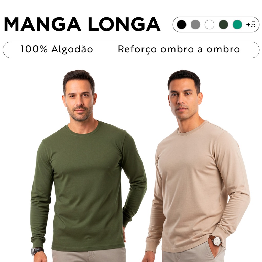 Kit 2 Camisetas Manga Longa 100% Algodão Masculina Lisa Slim Premium C/ Punho Gola Redonda Camisa Manga Comprida Inverno