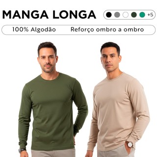 Kit 2 Camisetas Manga Longa 100% Algodão Masculina Lisa Slim Premium C/ Punho Gola Redonda Camisa Manga Comprida Inverno