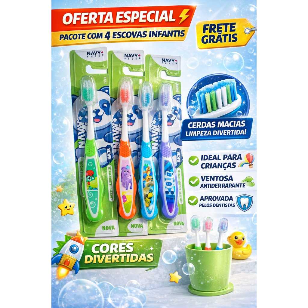 Dental Craft Kit com 4 escovas Infantis,cerdas macias com proteção na ponta,tamanho próprio para crianças,