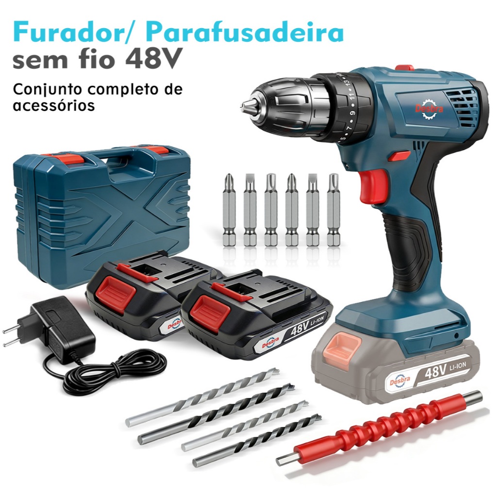 Kit Parafusadeira Furadeira 48V Brushless Sem Fio com 2 Baterias Velocidade Variável