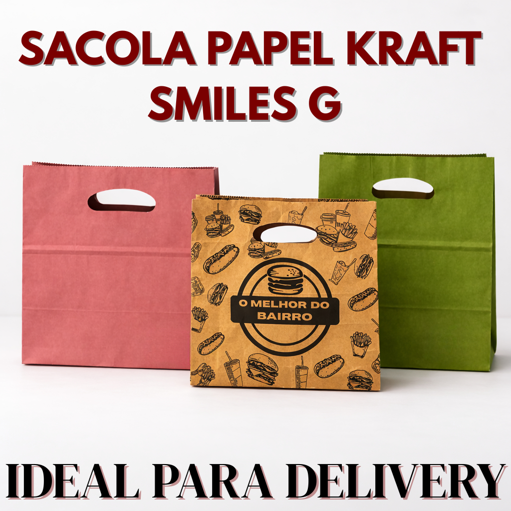 Sacola Papel Kraft G 24x14,5x26cm Delivery Docerias Confeitarias Bolos Doces