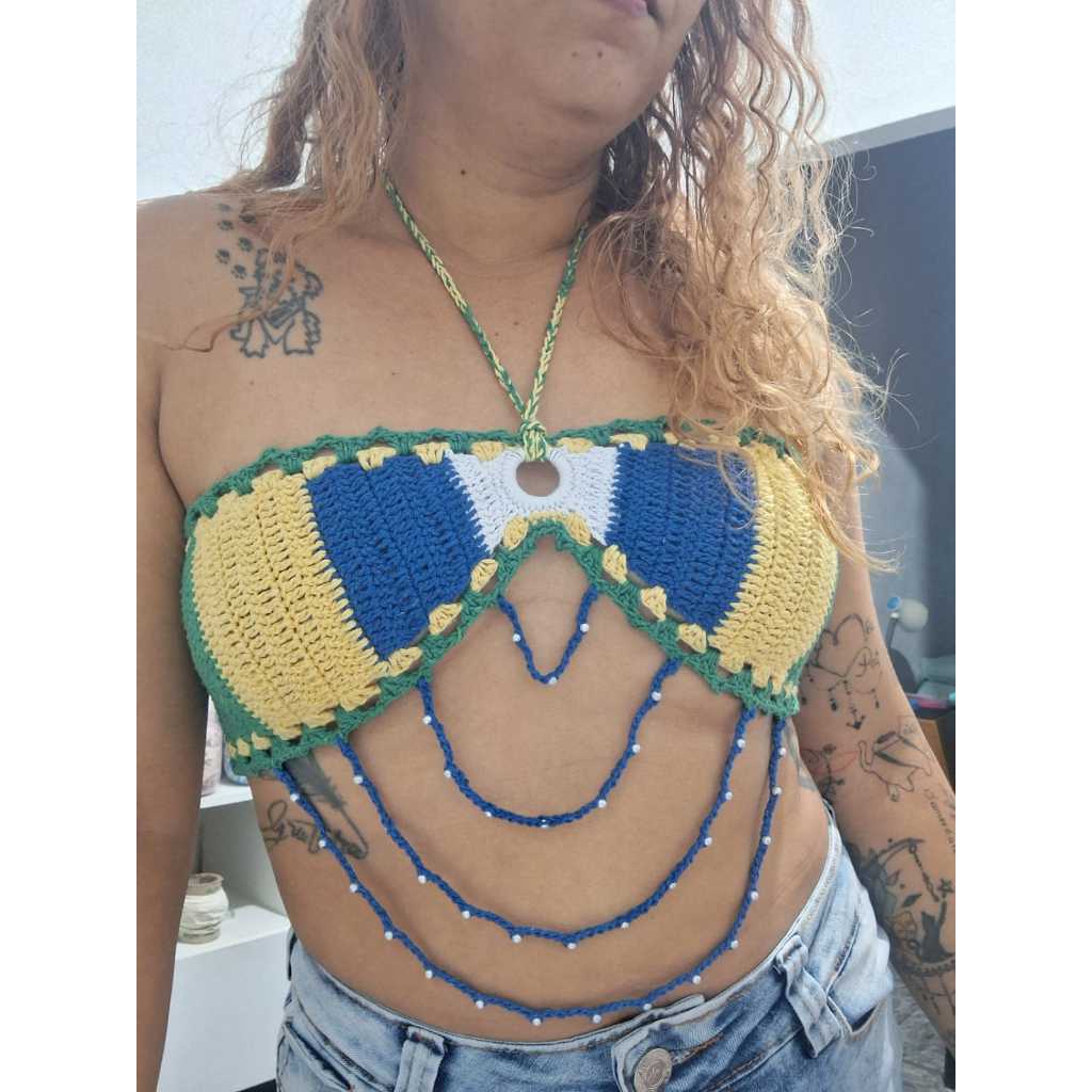 Top Brasil de crochê feito à mão (crochê de verdade, não é tricô de máquina)