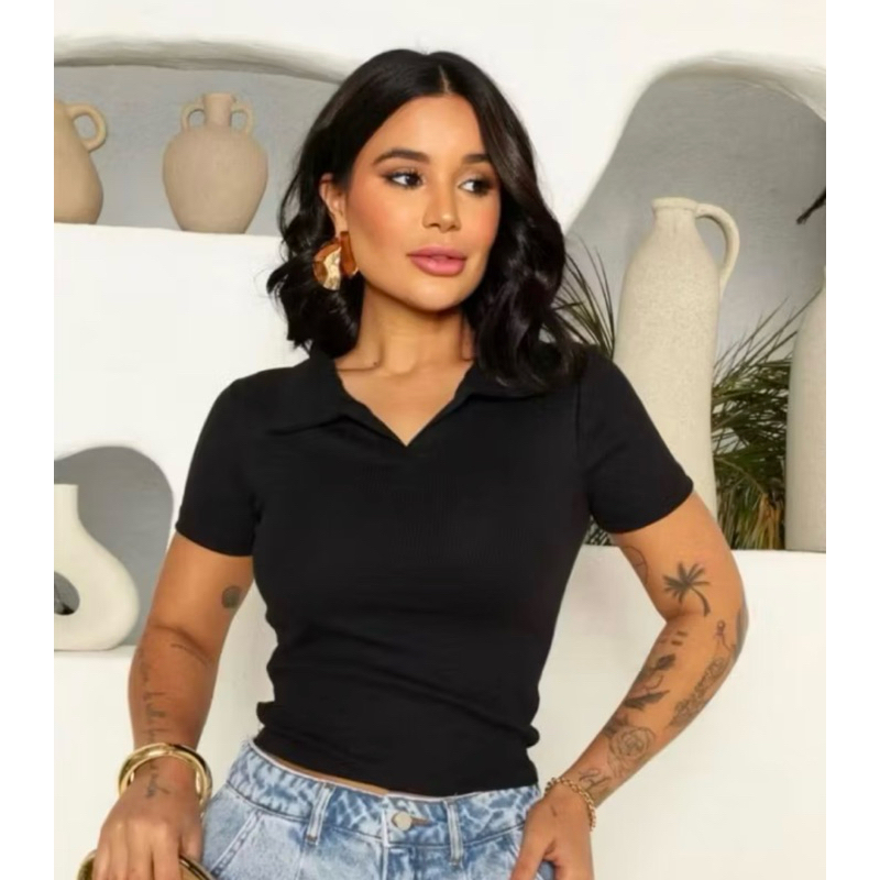 BLUSA GOLA POLO MODA FEMININA BÁSICO CASUAL SOCIAL TRABALHO RIBANA ALGODÃO MANGUINHA VERÃO DIA A DIA ELEGANTE
