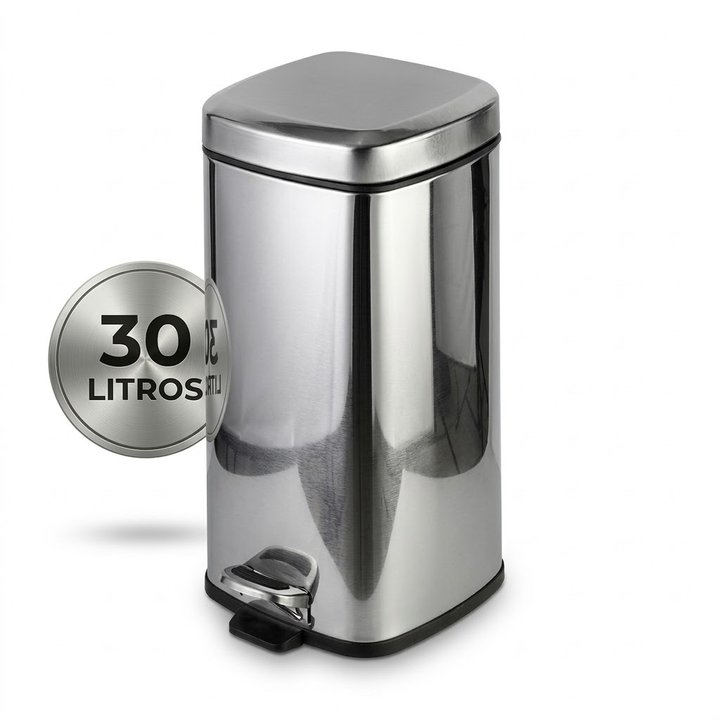 Lixeira Inox 30 Litros Quadrada Grande c/ Pedal e Cesto Removível Lixo Soft Close