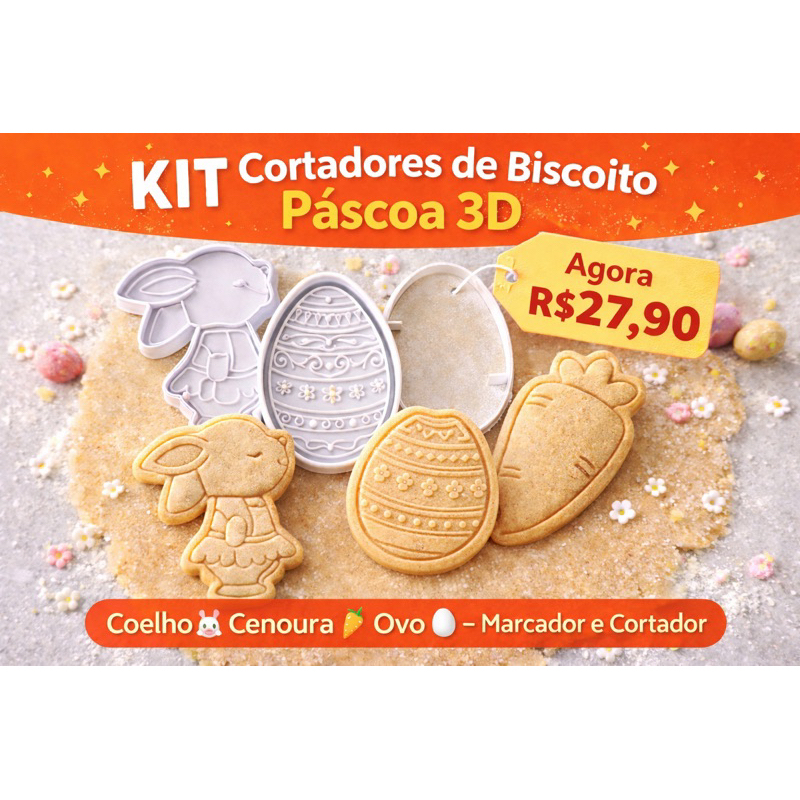 Kit Cortadores de Biscoito Páscoa 3D – Coelho, Cenoura e Ovo | Cortador + Marcador para Biscoito e Pasta Americana