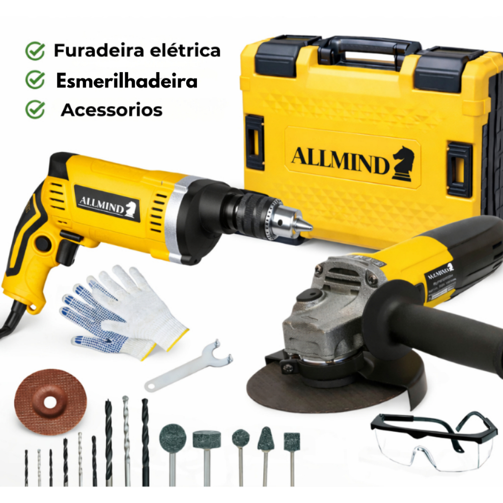 Kit Furadeira de Impacto + Esmerilhadeira 900W Profissional – Alta Potência para Corte, Perfuração