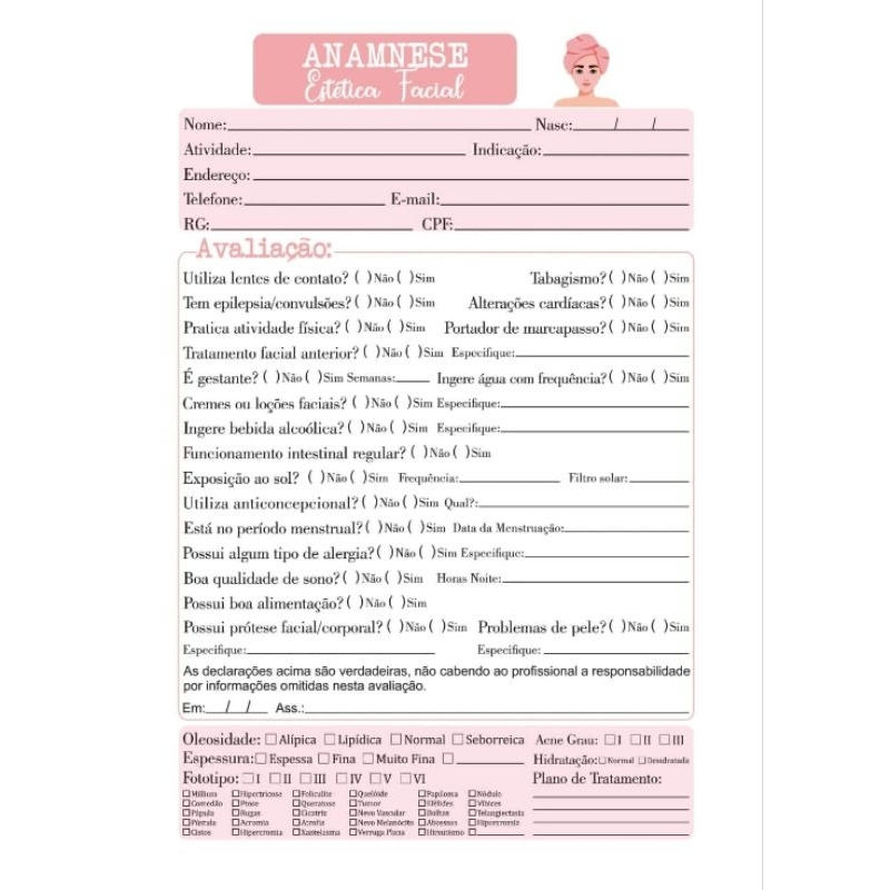 Bloco de fichas anamnese de estética facial com 100 folhas Tamanho A5