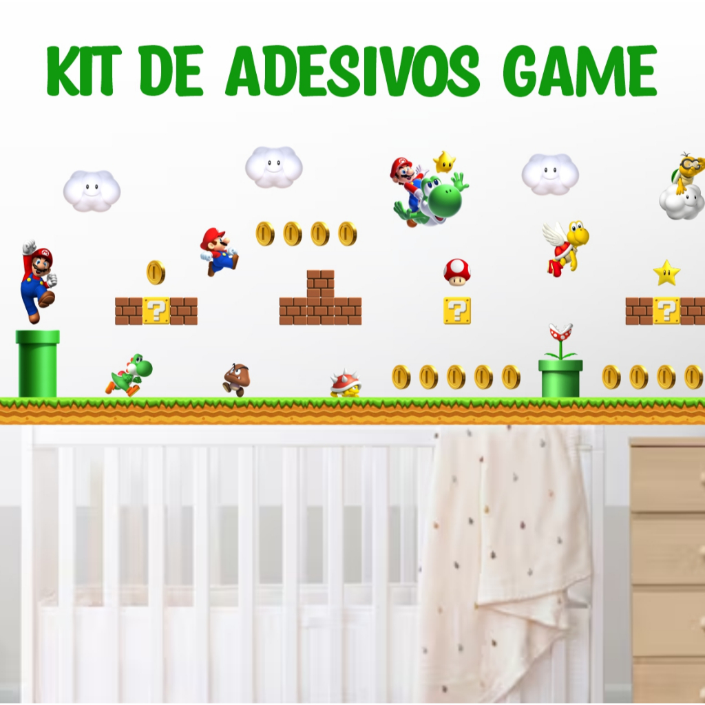 Kit 72 Adesivos Decorativos Game Retrô – Parede Quarto Gamer Infantil 1,60x0,57m Fosco Alta Qualidade