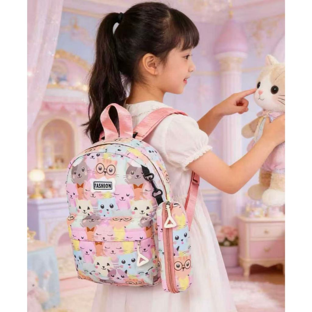 Kit Mochila e Estojo Infantil Feminina Estampa de Gatinho Confortável e Resistente