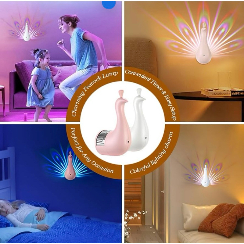 Luminária E Lâmpada De Projecão De Pavão, 7 Cores Com Controle Remoto, Lâmpada de atmosfera de pavão de carregamento USB