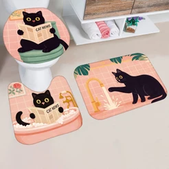 kit jogo Tapete Banheiro Estampa Gato Preto Vintage Rosê Antiderrapante 3 peças