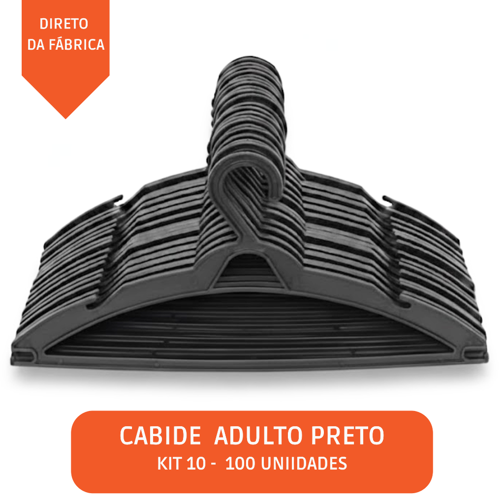 Kit 10 25 50 100 Cabides Adulto Preto | Organizador Guarda Roupa | Cabide Plástico | Envio Imediato