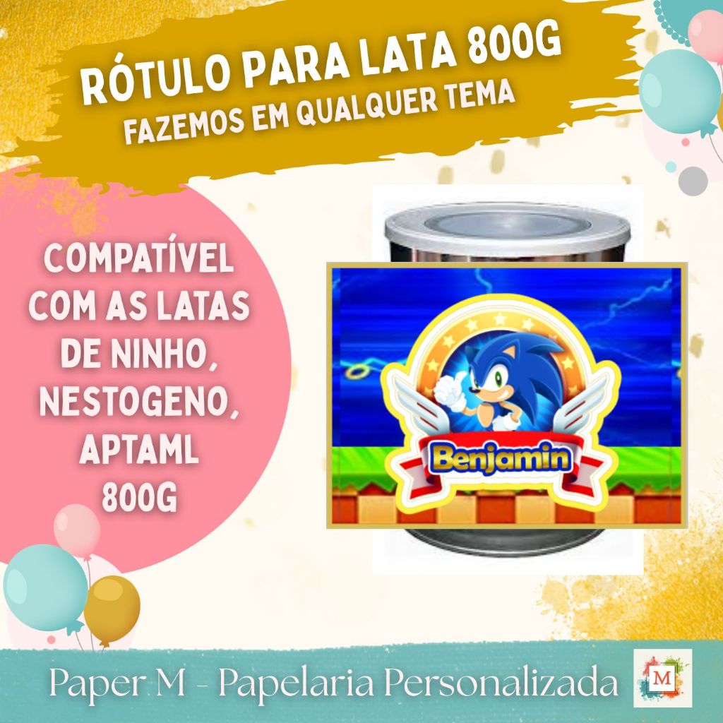 Rótulo Adesivo para Lata de Leite 800g  SONIC para lembrancinha de festa