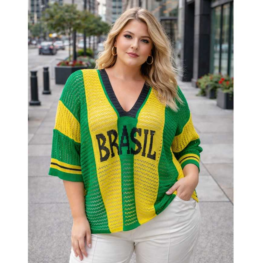 Blusa Brasil Tricot Feminina Plus Size 44 ao 52 Tricô Vazado Verde Amarelo Moda Copa Estilosa