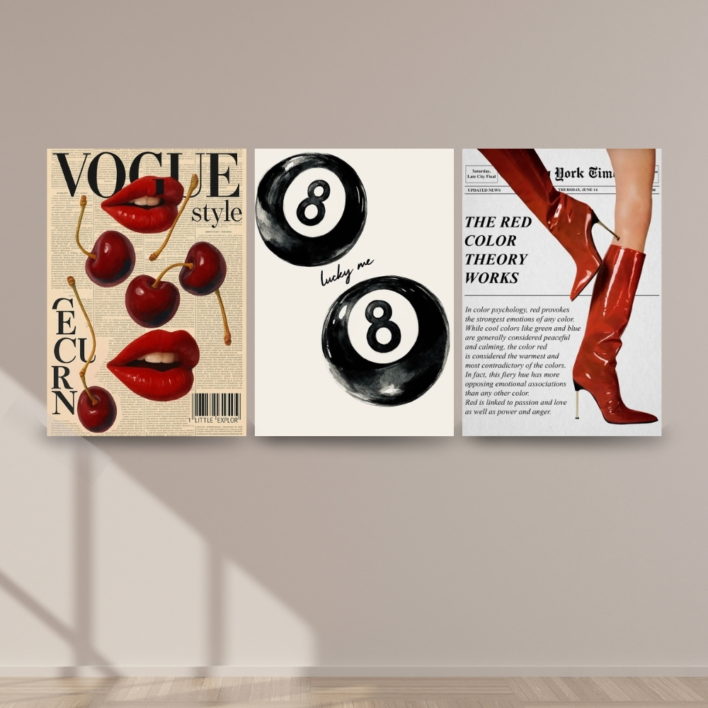 Kit Quadros Decorativos 3 Peças Vogue Sorte Girl Revista Decoração Quarto Menina Botas