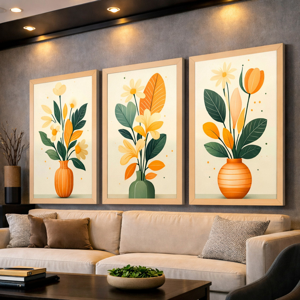 Kit 3 Quadros Decorativos Jarros Folhagem Bege Folhas Verdes Mosaico Sala Quarto Escritório Hall