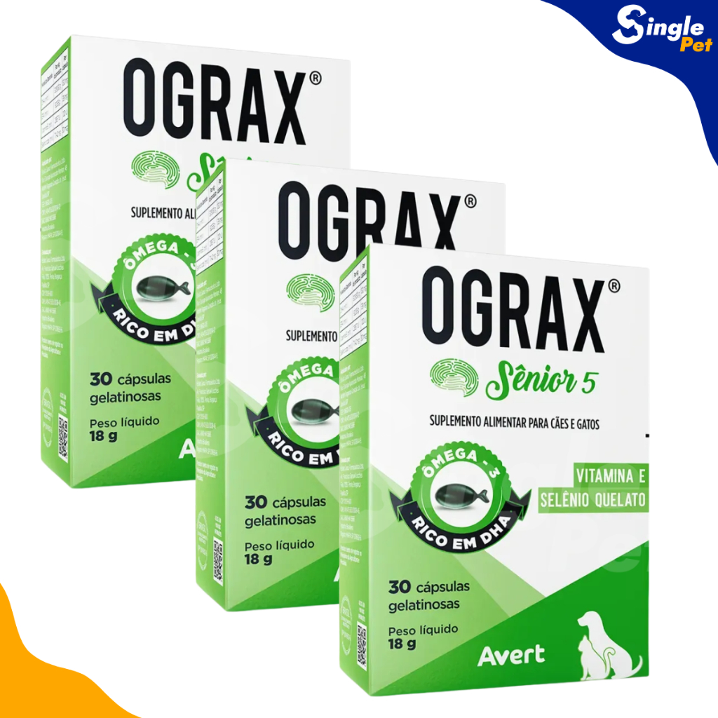 Kit 3 Suplemento Alimentar Ograx Sênior 5 com Ômega 3 para Cães e Gatos Idosos - 30 Cápsulas