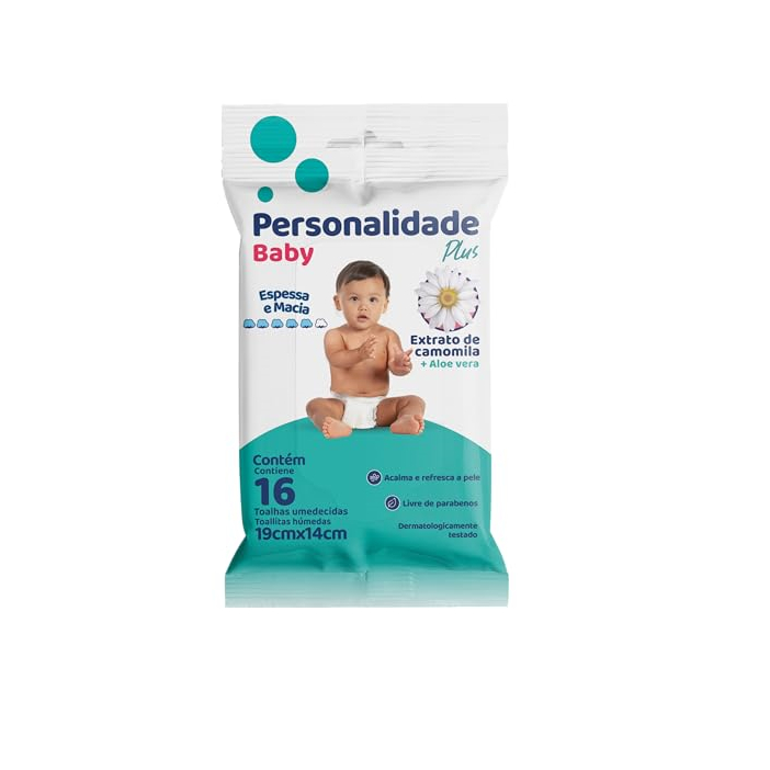 Toalhas Umedecidas Lenço Personalidade Baby Plus Pocket Levar na Bolsa Carro Bolso Extrato Camomila Aloe Vera 16 Toalhas