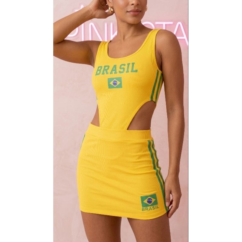 Conjunto Feminino Saia E Body Cavado Blusa Do Brasil Blusinha Seleção Brasileira Moda Copa Brasil Core