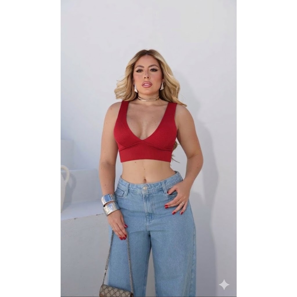 Cropped Feminino Decote em V com Bojo Malha Canelado Casual Confortável Moda Blogueira Tendencia Moda Primavera Verão #6