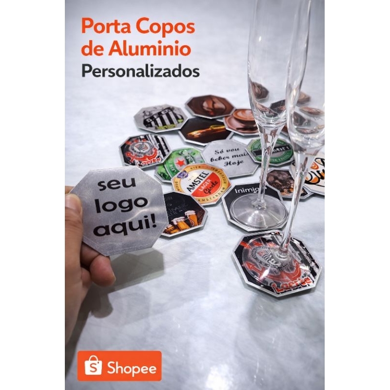 kit 12 (doze) Porta copo bolacha de ALUMÍNIO 8x8 cm personalizado adesivado com sua logo frases ou imagem